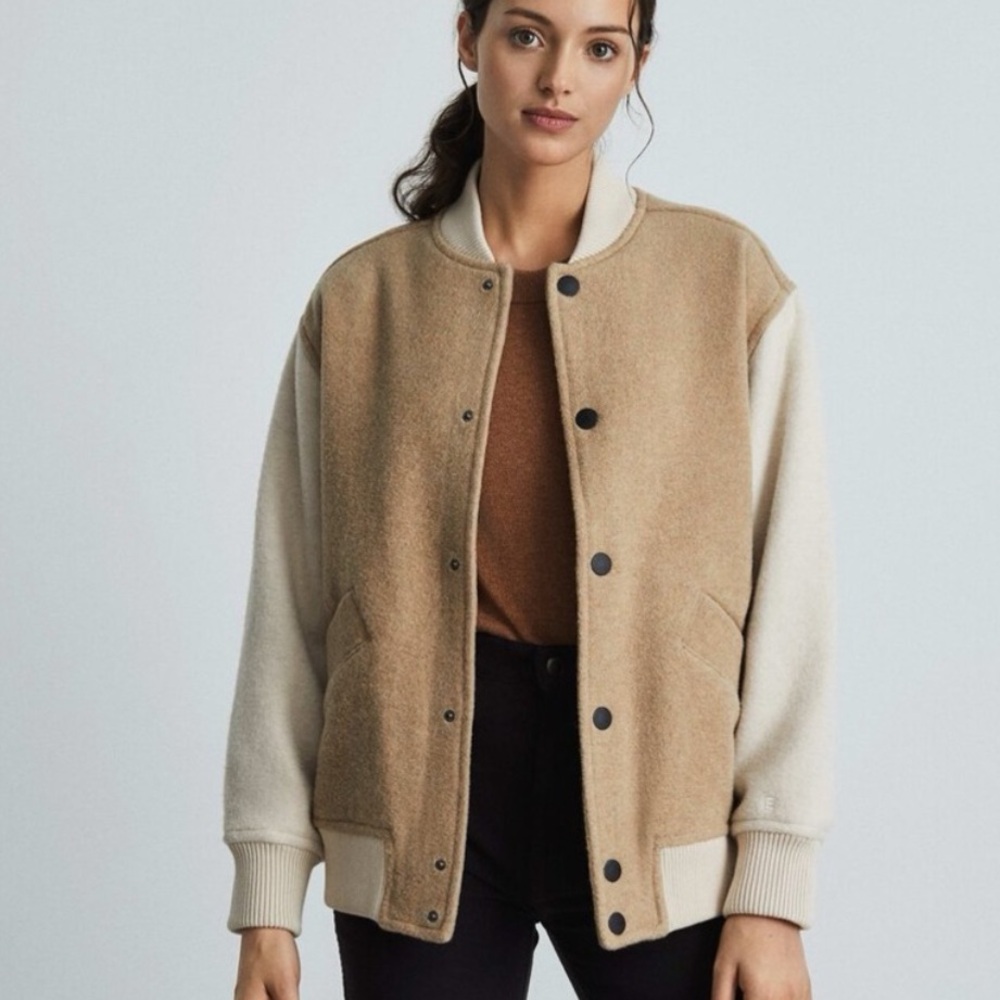 Everlane • The ReWool Varsity Bomber Jacket, Cream and Brown